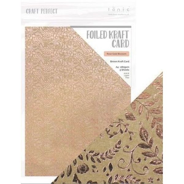 Tonic Studios Foiled Kraft Card A4 Brown Kraft - Rose Gold Blossom
