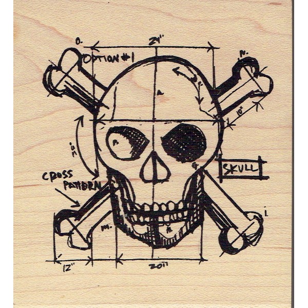 Tim Holtz Wood Mounted Rubberstamp Blueprint Skull